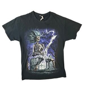 Fruit of the Loom Skeleton Guitar Graveyard Lightning Black Graphic Tee Mens M